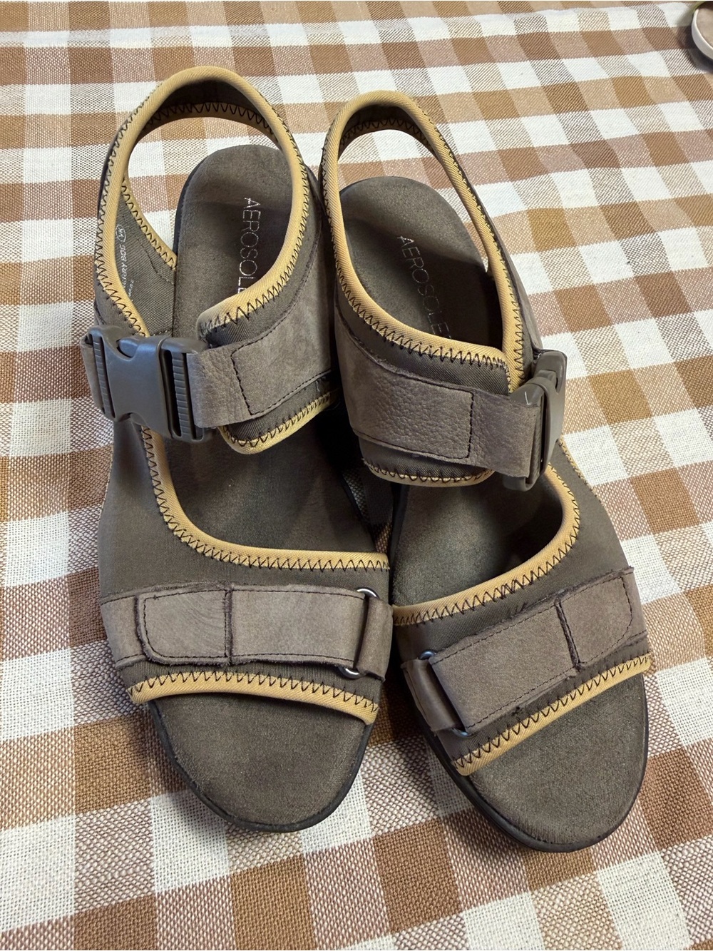 AEROSOLES Comfort Wedge Sport Sandals Taupe Hook & Loop NWOT